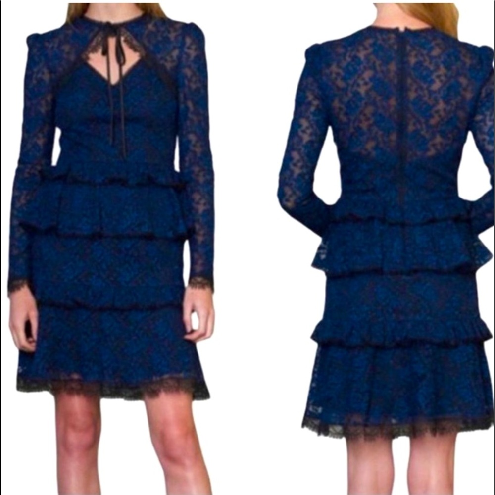 ML Monique Lhuillier Tiered Lace Dress  Blue Black